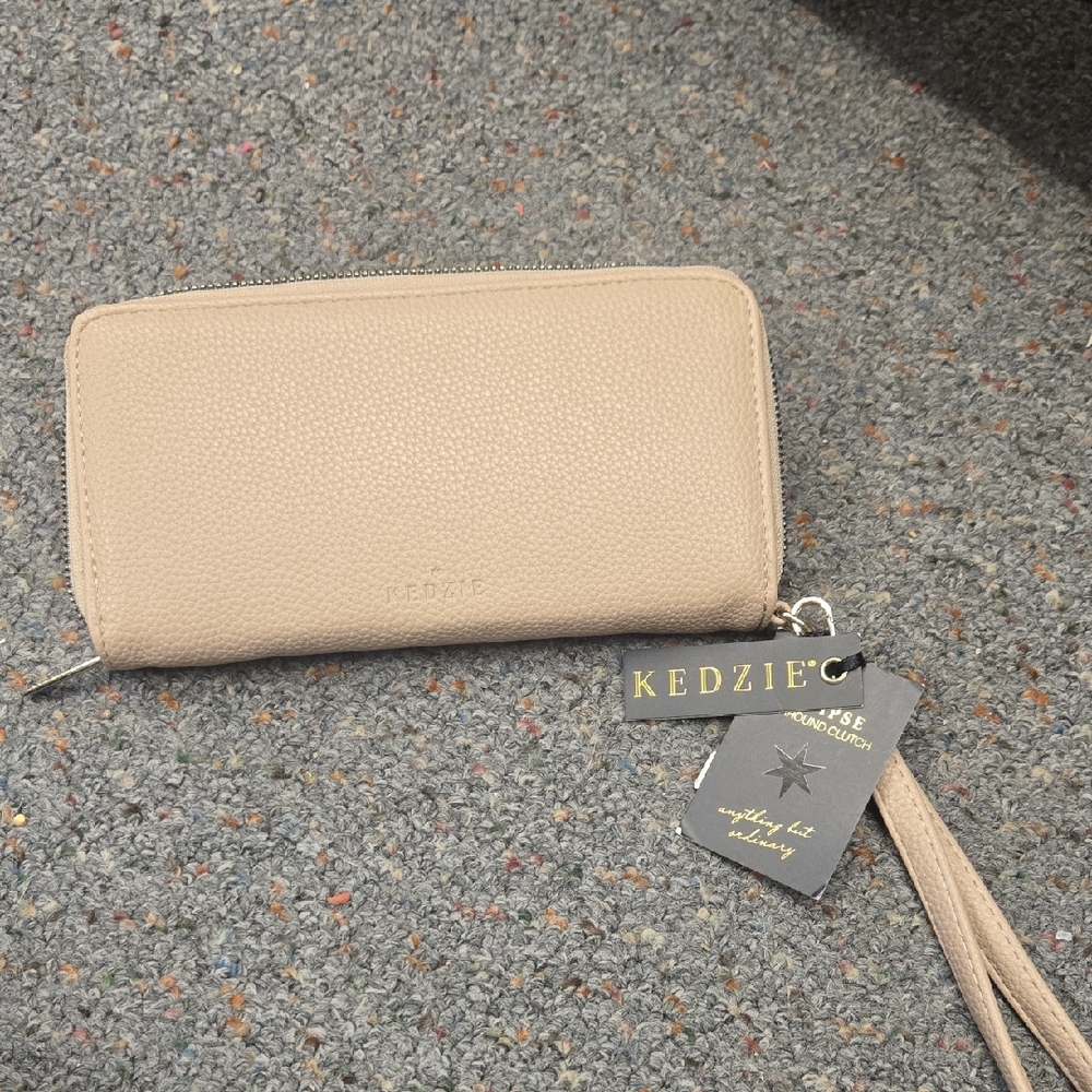 Kedzie Taupe Pebbled Zip Wristlet Clutch
